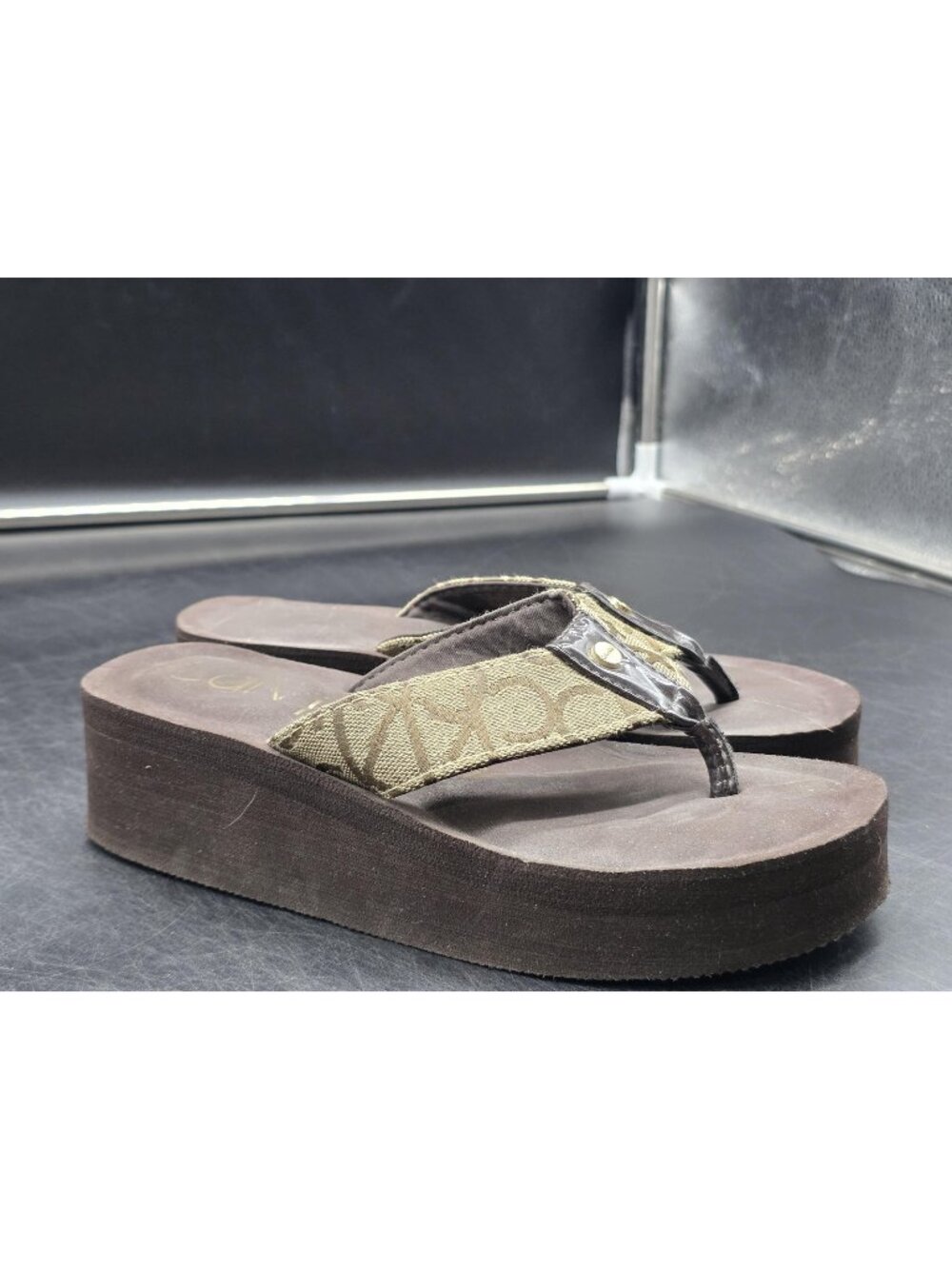 Calvin Klein Sandals Womens Size 5 Brown Wedge Flip Flop Logo Stains Shoes